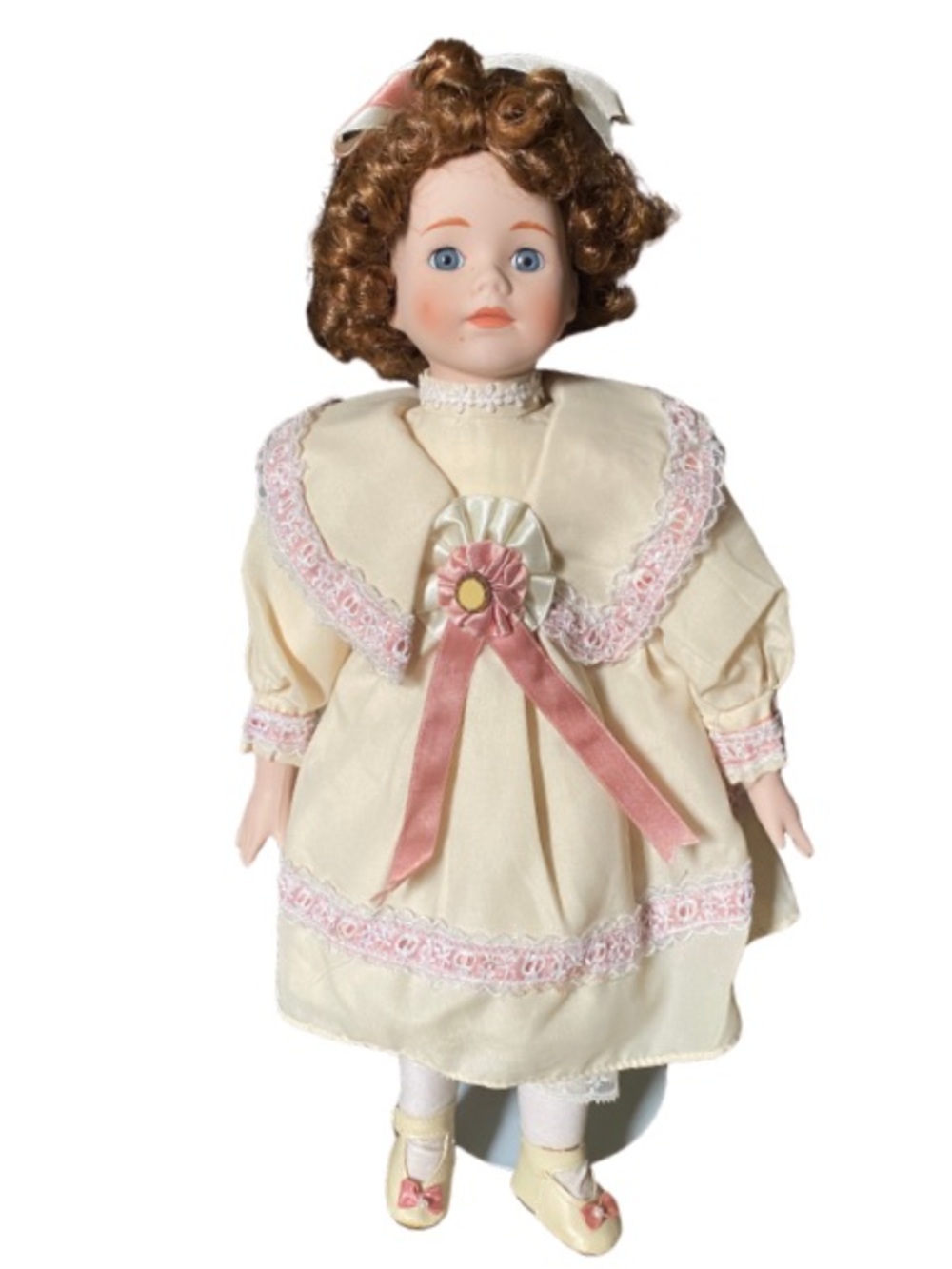 Porcelain Doll in Cream Dress with Pink Accents; Wind Up Plays Music